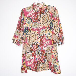 Umgee Womens Button Up Shirt Size Medium‎ Floral Colorful Print Balloon Sleeve